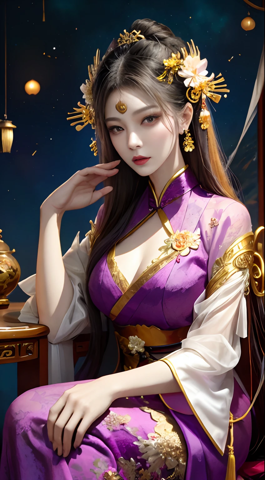 1 27-year-old girl, 1 zodiac goddess from the future, goddess of the pink and purple 12 zodiacs, the goddess of the zodiac in a yellow ao dai, a 12 zodiac ao dai with many black lace detail, mythology Goddess of the 12 zodiacs from the future, zodiac ♏, luxurious glittering zodiac style, dark and mysterious version, zodiac crown, lipstick lips red, thin and beautiful lips, mouth closed, characters made by karol bak and pino daeni, intricate detail, detailed background, extremely detailed, light magic, a woman, clear face, hair long with bangs, beautiful face in detail and well-proportioned eyes, (transparent yellow eyes: 1.8), big round eyes and very beautiful and detailed makeup, foresight, silk dress, mysterious makeup , double bangs and dyed light blonde , upper half portrait, zodiac goddess portrait, arms hanging loosely, Realistic and vivid photo, (stars make up the zodiac: 1.7), (sky background zodiac and fictitious space and time portal: 1.8), fiction art, RAW photo, hanfu picture, best photo, best photo quality, 8k quality, 8k ultra, super realistic, real photo most economical, the goddess poses sexy and seductive,