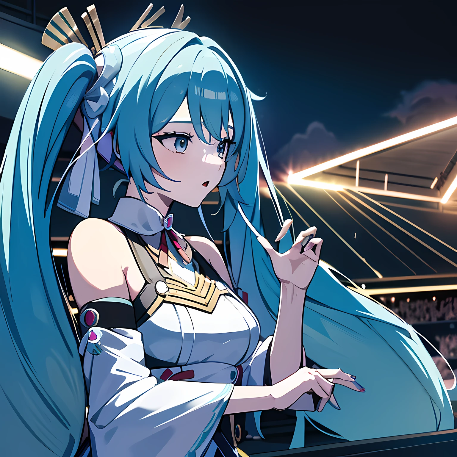 Hatsune Miku is a virtual singer, who sings with the help of the Vocaloid program. She has long turquoise pigtails and wears a blue and gray suit with the number 01 on her shoulder. Her voice is based on the voice of Japanese actress Saki Fujita. Her name means "the first sound of the future". She is one of the most popular and well-known Vocaloid characters. She has performed live concerts as an animated projection and participated in various projects, such as games, the anime, Manga & Advertising. She also has a lot of fans and creative works, created with her participation, 8K, Unreal Engine, Ray Tracing from Nvidia.