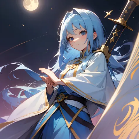 hightquality　background is church　morning　Holding the Moon Sword　blue hairs　priestess　sister　Cultivated woman