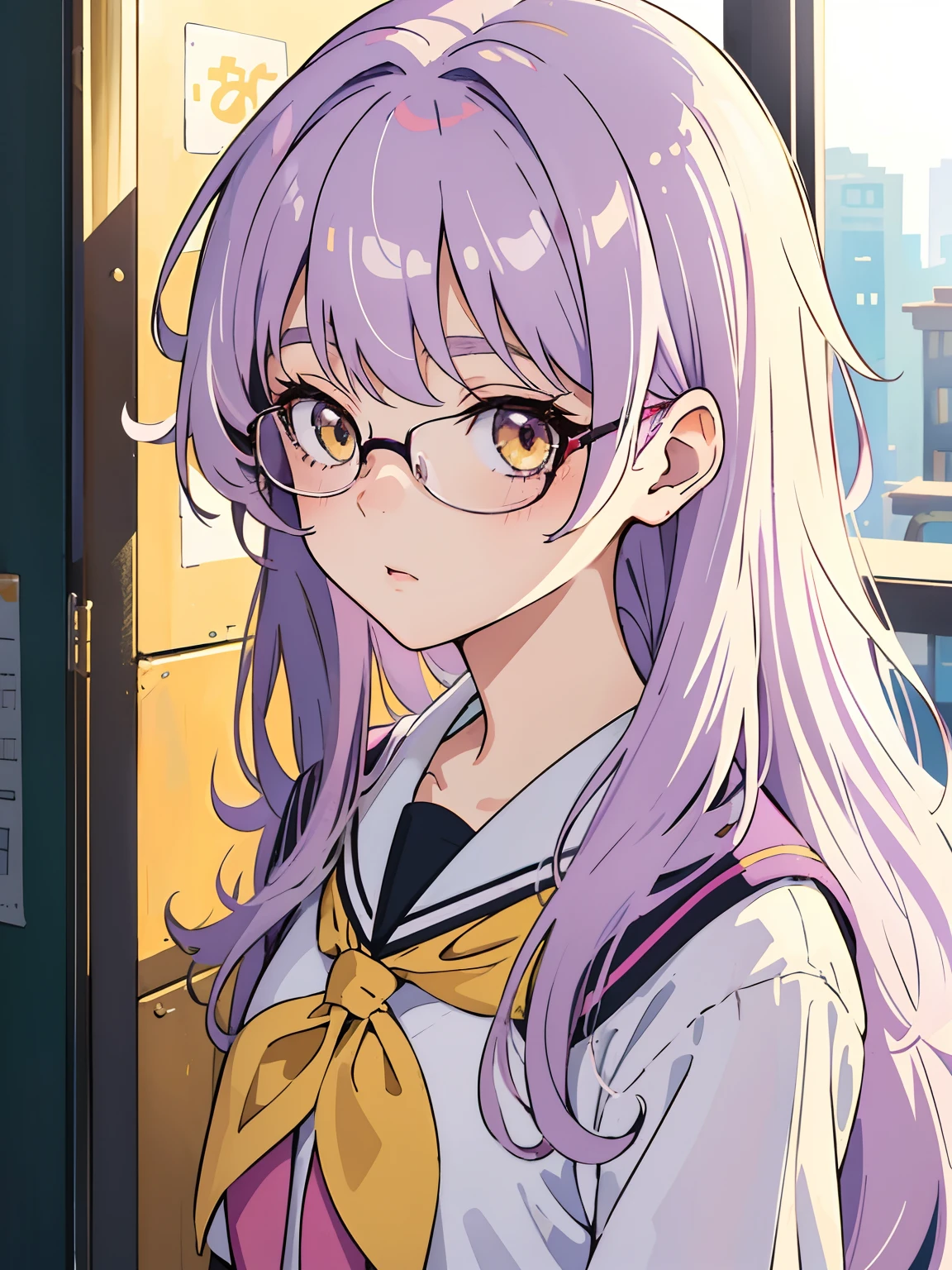 ((masterpiece, best quality)), (1girl, anime girl in retro style),(loli, little girl, school girl), (solo), (female focus), (light pale purple hair, messy hair, long hair),yellow eyes, glasses, ((school uniform)) , shy, portraits, close up, upper body, vibrant colors, soft lighting, looking straight forward