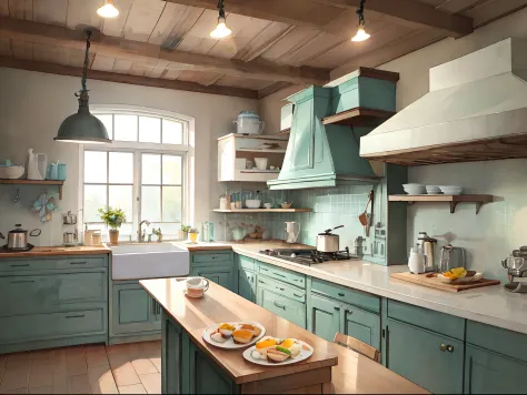 a clean pastel colors kitchen cozy, with breakfast in the counter, delicious food, coffee and eggs, high details, bright light, ...