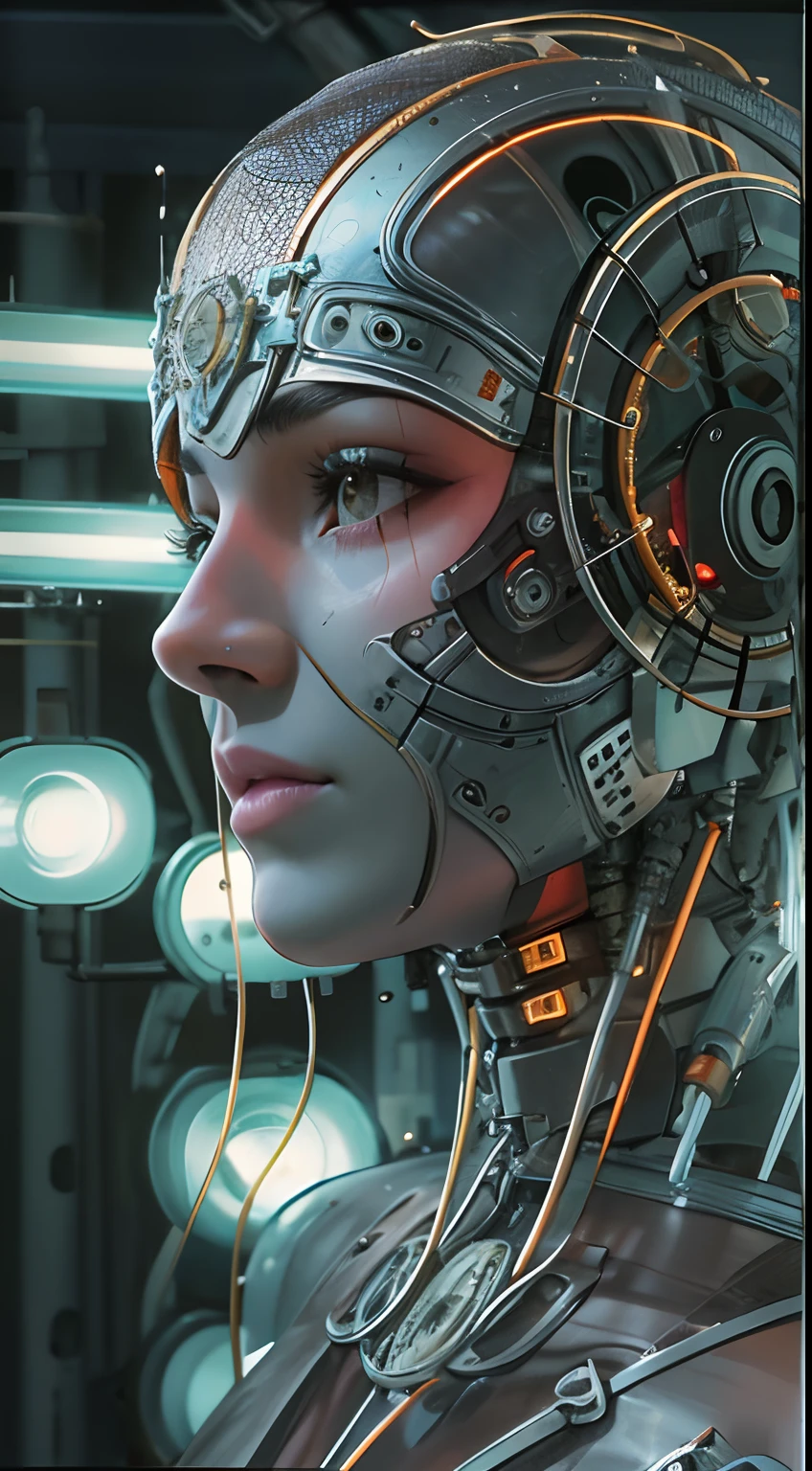 (La mejor calidad,4k,8k,Altas Resoluciones,Obra maestra:1.2),Ultra detallado,(realista,fotorrealista,fotorrealista:1.37),retrato,Ciencia, Beautiful woman Angel of Death, Biomechanical robot, lente simulada de 150 mm, hermosa luz natural de borde suave, neon veins, roots, delicado encaje de hojas, detalles coloridos, traje de Boris Bidjan Saberi, pendientes de perlas, piercings, bordados de moda art nouveau, detalles intrincados, Mesh lines, fractales de Mandelbrot, facial muscles, cables, microchips, villanos, surrealistas, ultradetallados, octanaje, volumetric illumination, 8K and post-production,  rojo El blanco tiene un poco de negro, Detalles de esqueleto de metal, Mitad humano, Iridiscente, Estilo Glenn Brown, futuristic room, Poder de Dios, High Angle Shot, Poses corporales complejas