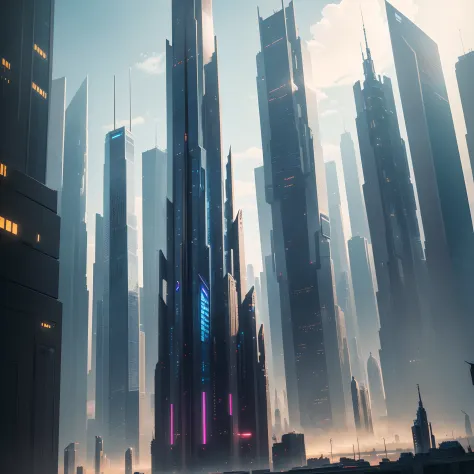 (Best Quality, 8K, Ultra-detailed:1.2), Futuristic cityscape of towering skyscrapers, Cyberpunk, Sci-Fi Art, Earth, A futuristic world, masutepiece, Glass skyscraper, Imaginative, 10 times taller buildings, Vivid colors, Dramatic Lighting