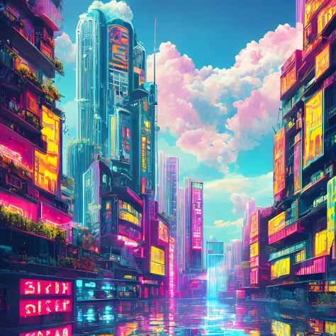 heaven if it were cyberpunk, volumetric, neon, clouds, bright lights, angelic, beautiful scenery