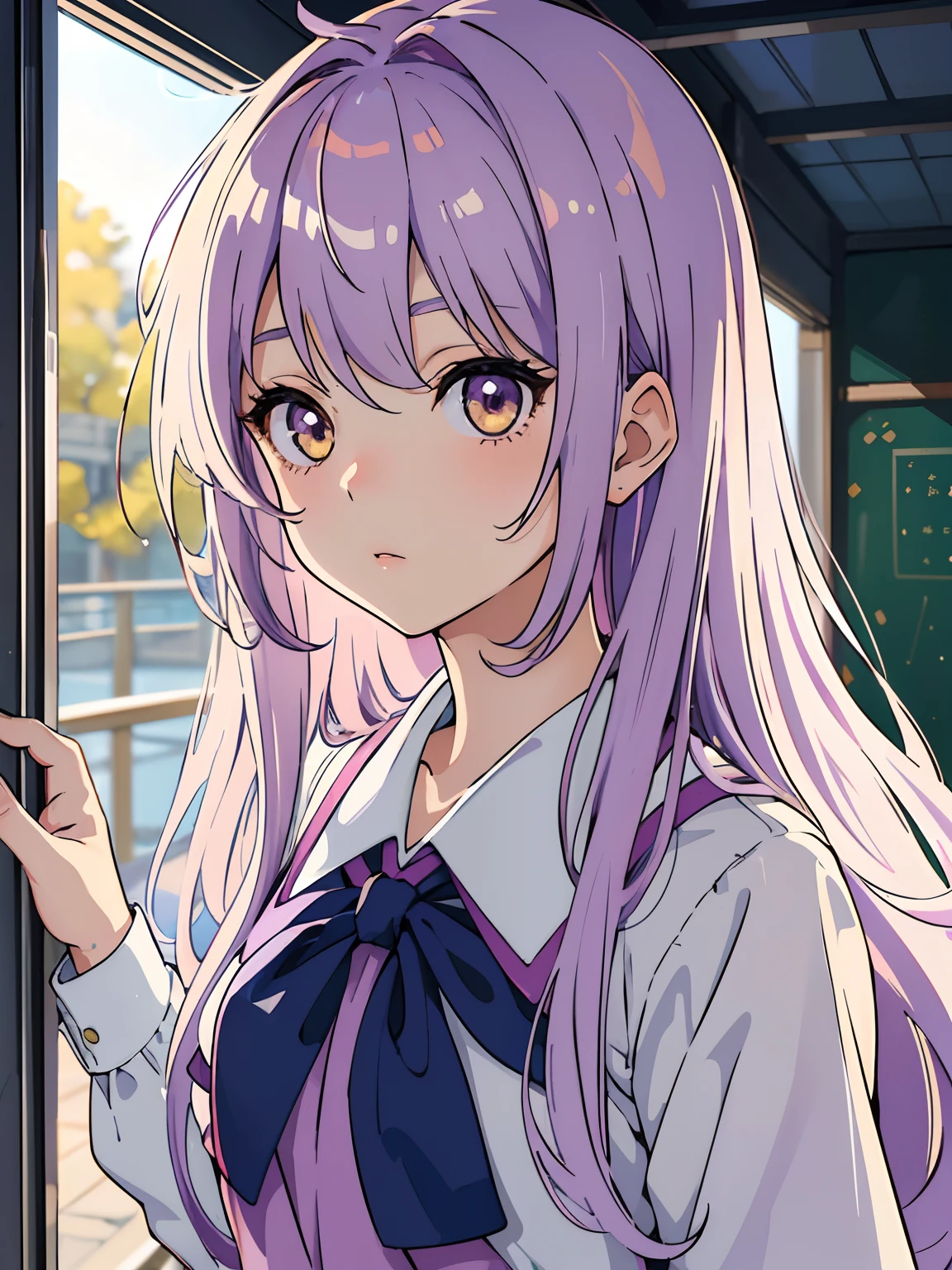 ((masterpiece, best quality)), (1girl, anime girl in retro style),(loli, little girl, school girl), (solo), (female focus), (light pale purple hair, messy hair, long hair),yellow eyes, ((school uniform)) , shy, portraits, close up, upper body, vibrant colors, soft lighting, looking straight forward