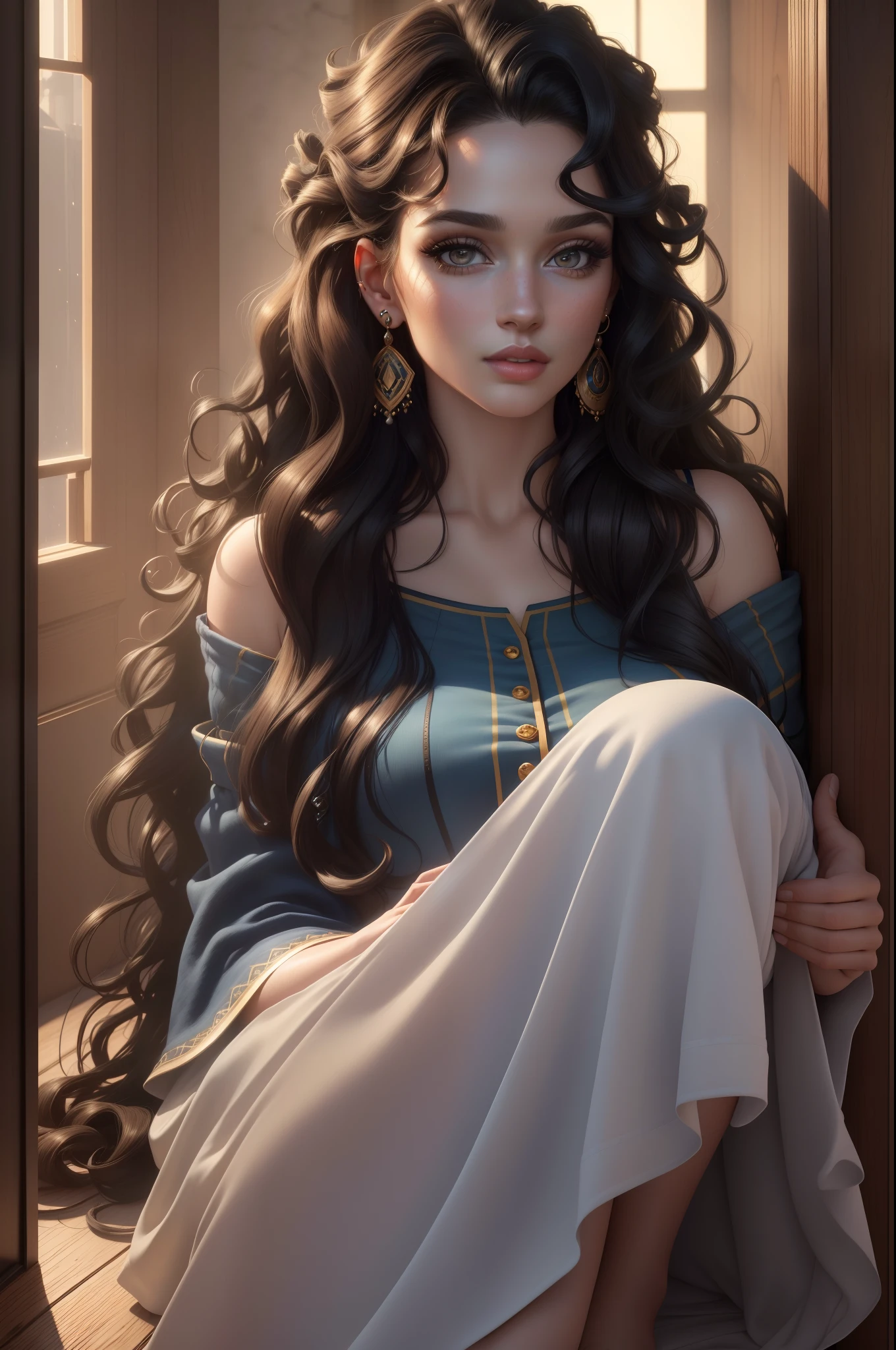 (best quality,4k,8k,highres,masterpiece:1.2),ultra-detailed,(realistic,photorealistic,photo-realistic:1.37),DigiArt Style,looking at viewer,full body,digital art,1girl,solo,long curly hair,black hair,azur eyes,earrings,full lips,eyelashes,makeup, wizard