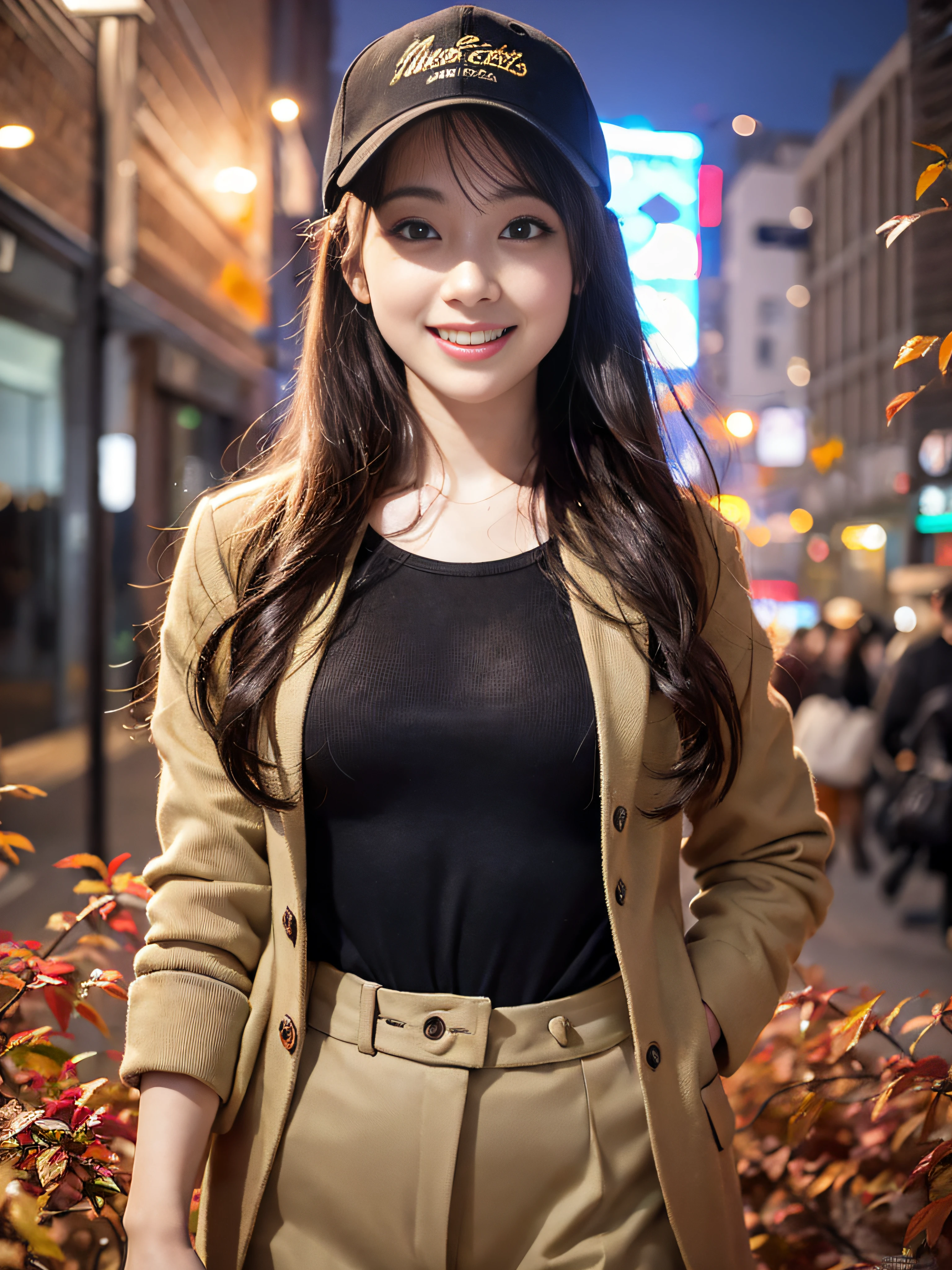 RAW image quality、8K分辨率、Ultra-high-definition CG images、Autumn leaves at night🍁、Moonlight、25 year old beautiful woman、Detailed beautiful eyes、Beautiful beautiful medium hair、Clear skin、Black Baseball Cap, Long Sleeve Street Fashion、Colossal tits、Susukihata、depth of fields、masutepiece、absurderes、24K Graphic Arts、Carefully drawn background、Composition with depth、sano、jumpy、A smile、