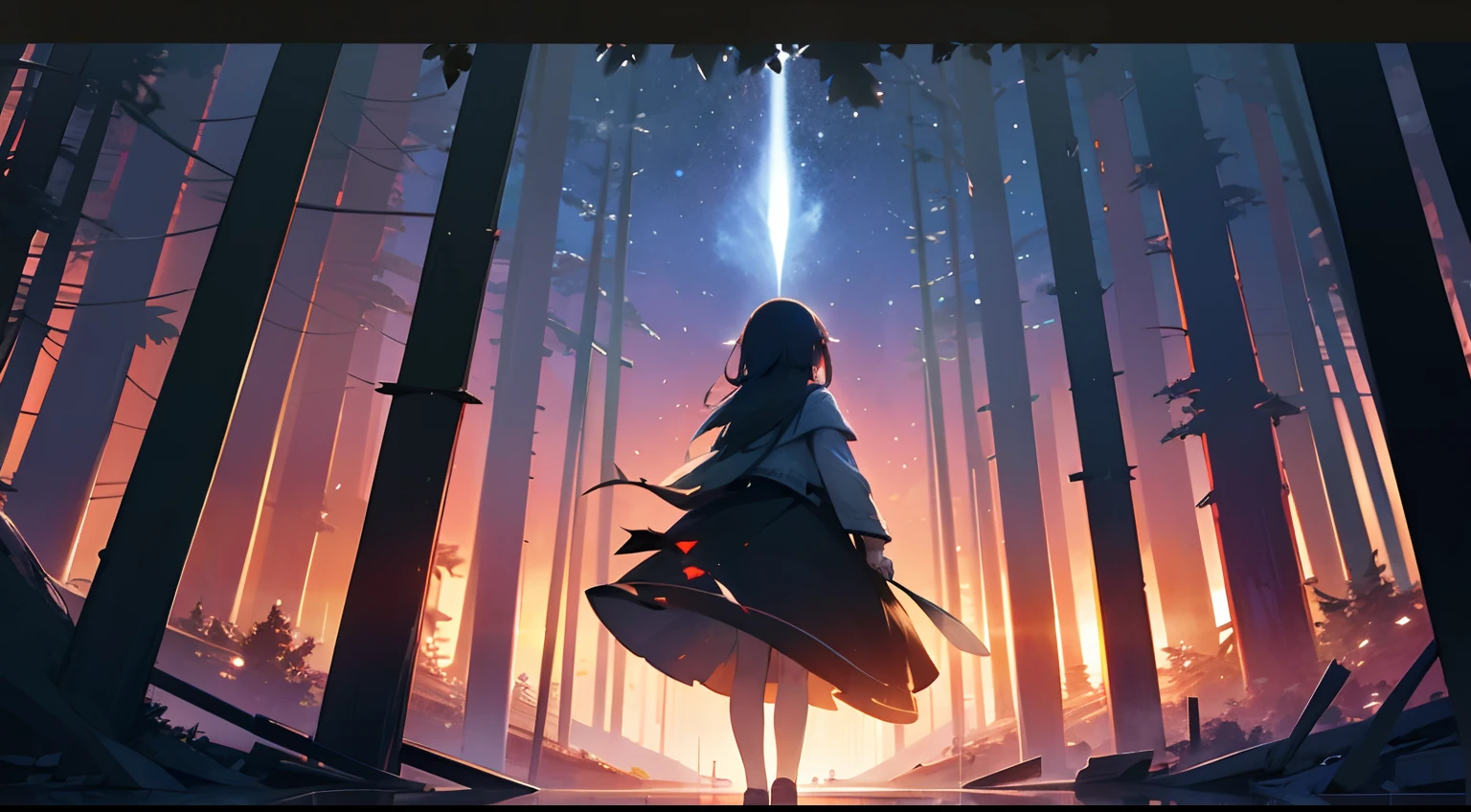 There is a huge world tree burning in the middle of a clear night。Girl looking up while walking from ruins in the forest。