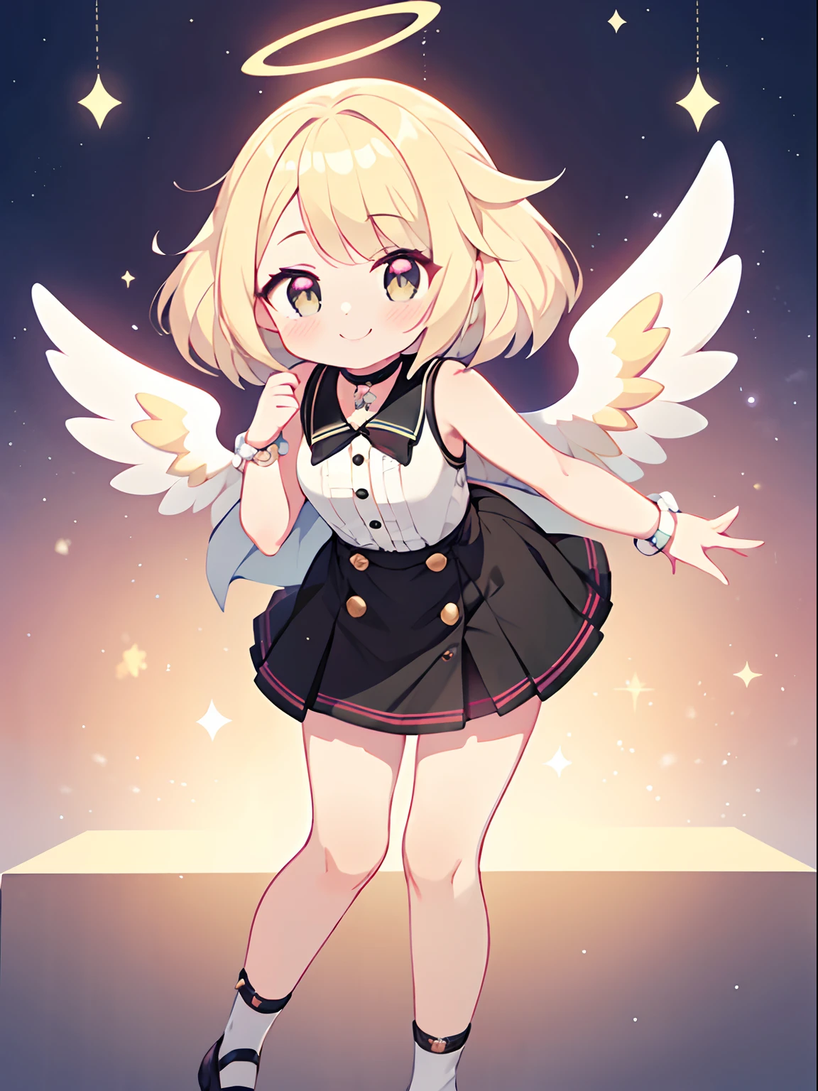 best quality, ultra high res, 1girl, sleeveless white button shirt, black skirt, black choker, cute, (Kpop idol), (aegyo sal:1), (platinum blonde hair:1), ((puffy eyes)), looking at viewer, full body, facing front, angel wings, large halo, blush, happy smile, light smile,