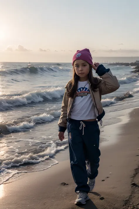 (Best Quality,Realistic:1.2), 6-year-old girl, European,  hair light, runs along the seashore, Pebble Coast, Sunset, Dressed in pants and a jacket, He has a hat on his head, Holding a kite in hand raised up, autumn