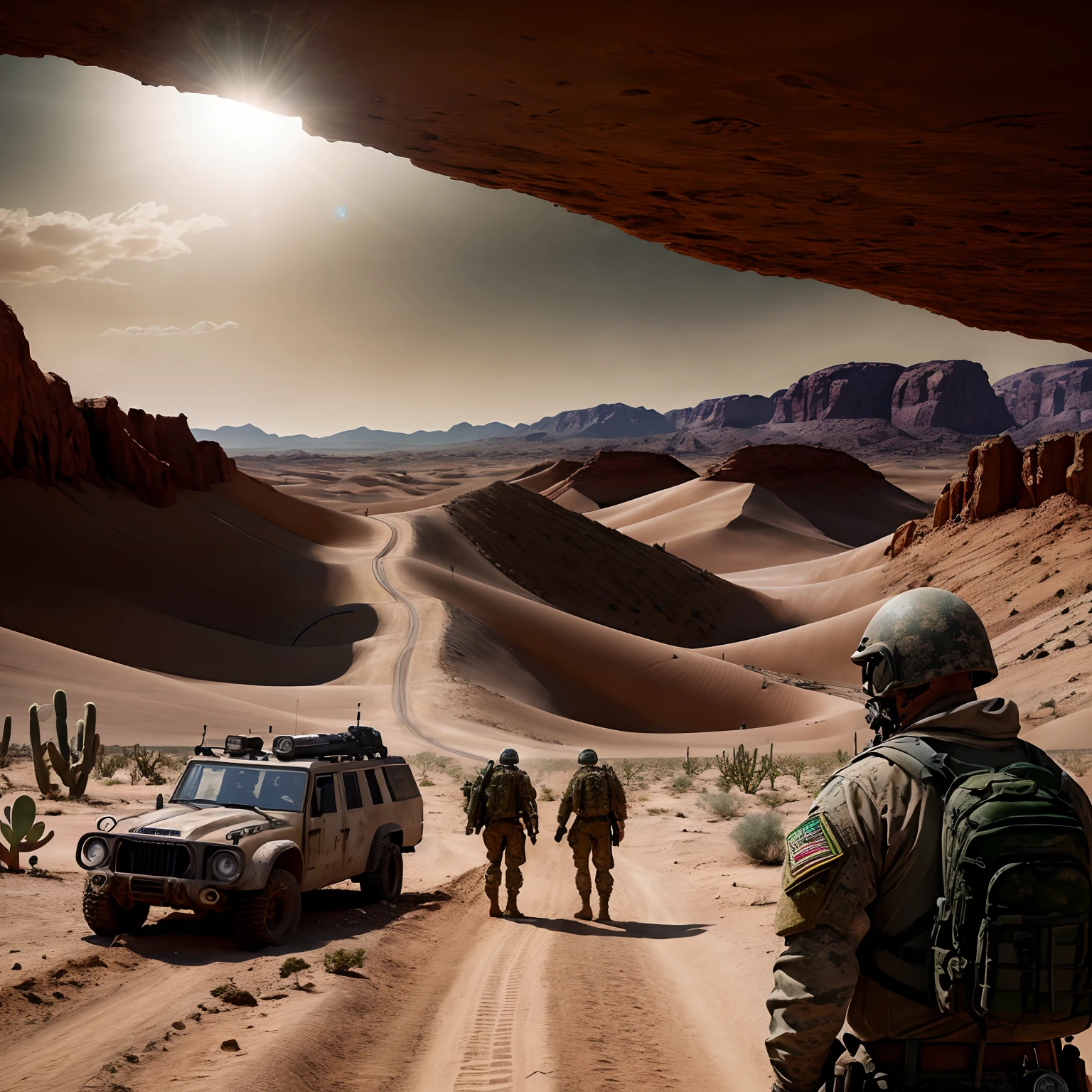 Masterpiece, Realistic, Photorealistic, Ultra Detailed, 8K, RAW photo, Depth of field, Realistic light, cinematic  composition, Celestial Landscape,  Four men close-up, Desert Rangers, "Wasteland 2" Style of play,  desert, broken walls, military gear, post-apocalyptic lanscape, Post-apocalyptic cityscape, cacti, Canon 6D