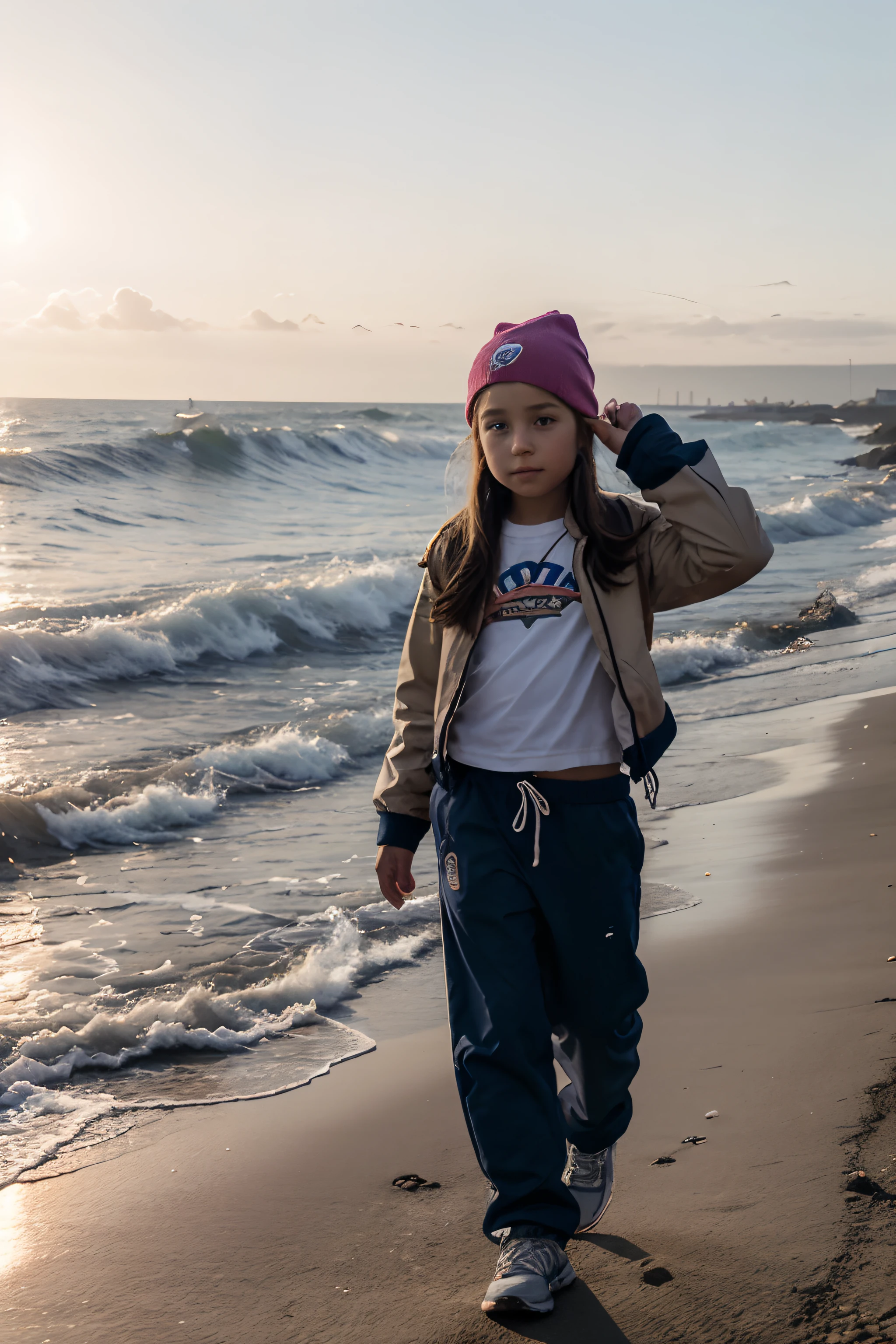 (mejor calidad,Realista:1.2),  chica, europeo,  pelo claro, corre a lo largo de la costa, Costa de guijarros, atardecer, Vestido con pantalones y chaqueta, Tiene un sombrero en la cabeza, Sosteniendo una cometa en la mano levantada, otoño