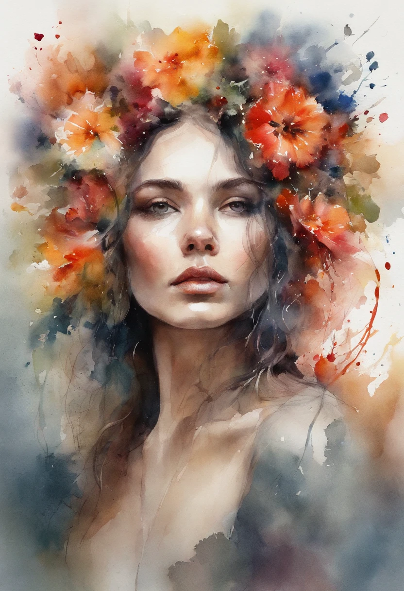 high quality, masterpiece, Watercolor, wash technique, colorful, A painting with dripping and scattered paint, Painting like Agnes Cecile, blurry, pale touch, smudged outline, like a fairy tale, Beautiful woman made with flower colorage, expressing women using flowers and plants, cutting and combining petals and leaves, drawing women's hair and dresses using the colors and shapes of flowers, vivid colors and nature, luminism, three dimensional effect, enhanced beauty, Albert Anker, Feeling like John Howe, Greg Rutkowski, Artgerm, WLOP, luminism, Isometric, by yukisakura, awesome full color,