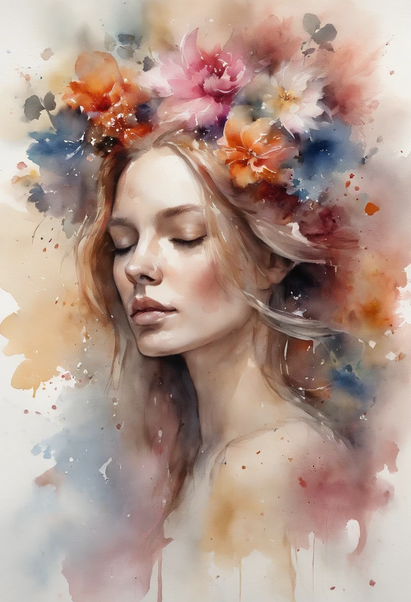 high quality, masterpiece, Watercolor, wash technique, colorful, A painting with dripping and scattered paint, Painting like Agnes Cecile, blurry, pale touch, smudged outline, like a fairy tale, Beautiful woman made with flower colorage, expressing women using flowers and plants, cutting and combining petals and leaves, drawing women's hair and dresses using the colors and shapes of flowers, vivid colors and nature, luminism, three dimensional effect, enhanced beauty, Albert Anker, Feeling like John Howe, Greg Rutkowski, Artgerm, WLOP, luminism, Isometric, by yukisakura, awesome full color,