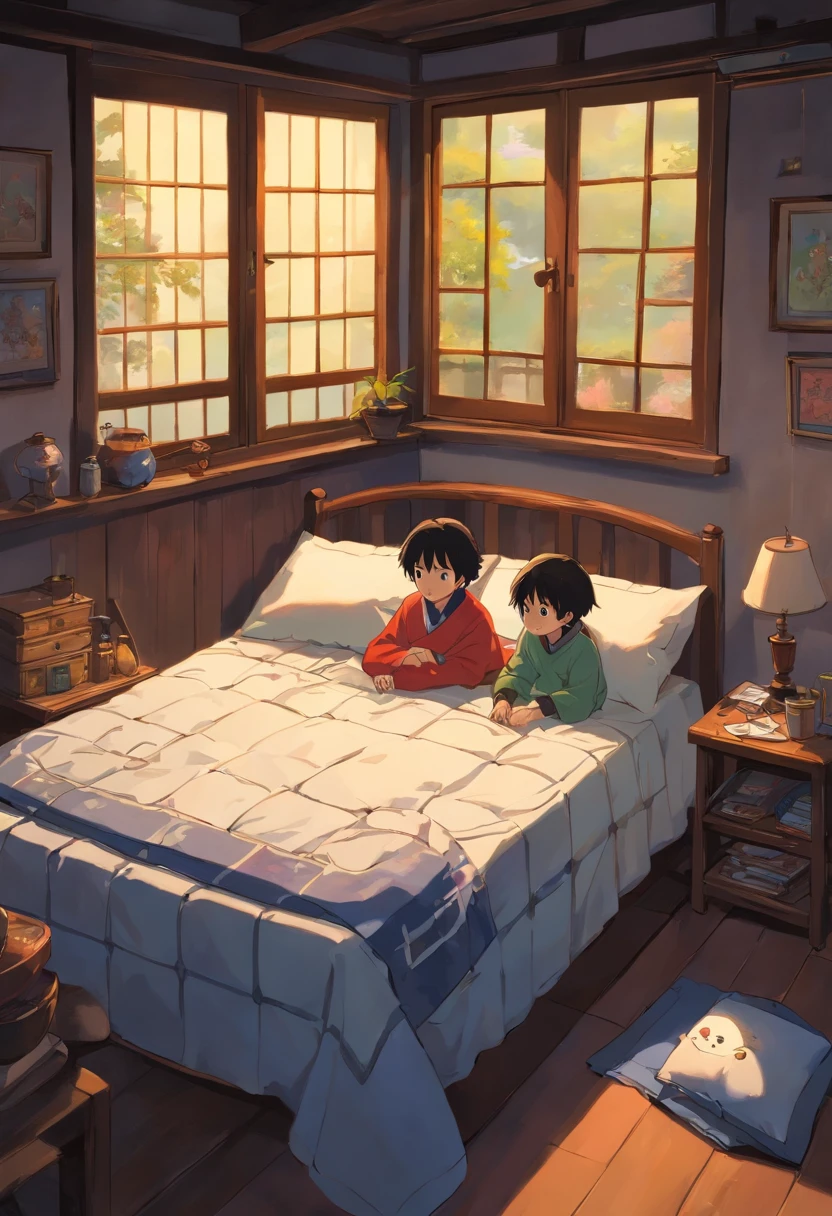 Anime scene of two children sitting on a bed in a room - SeaArt AI