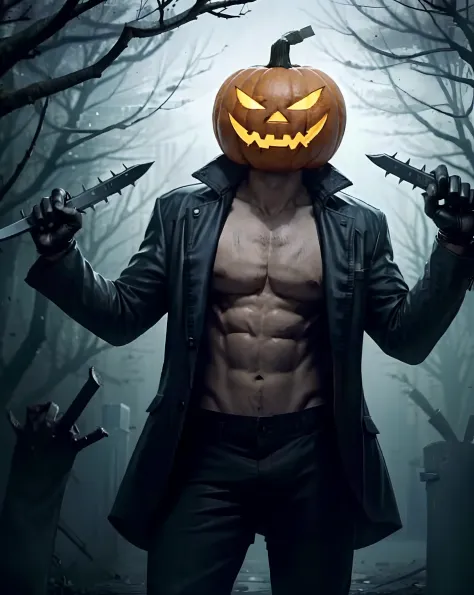 pumpkin head: a jack-o-lantern-headed man wielding a chainsaw. The ominous atmosphere and unsettling imagery capture the essence of Halloween. High-resolution image, menacing figure, revving chainsaw, eerie clothing, pumpkin head with an otherworldly glow,...