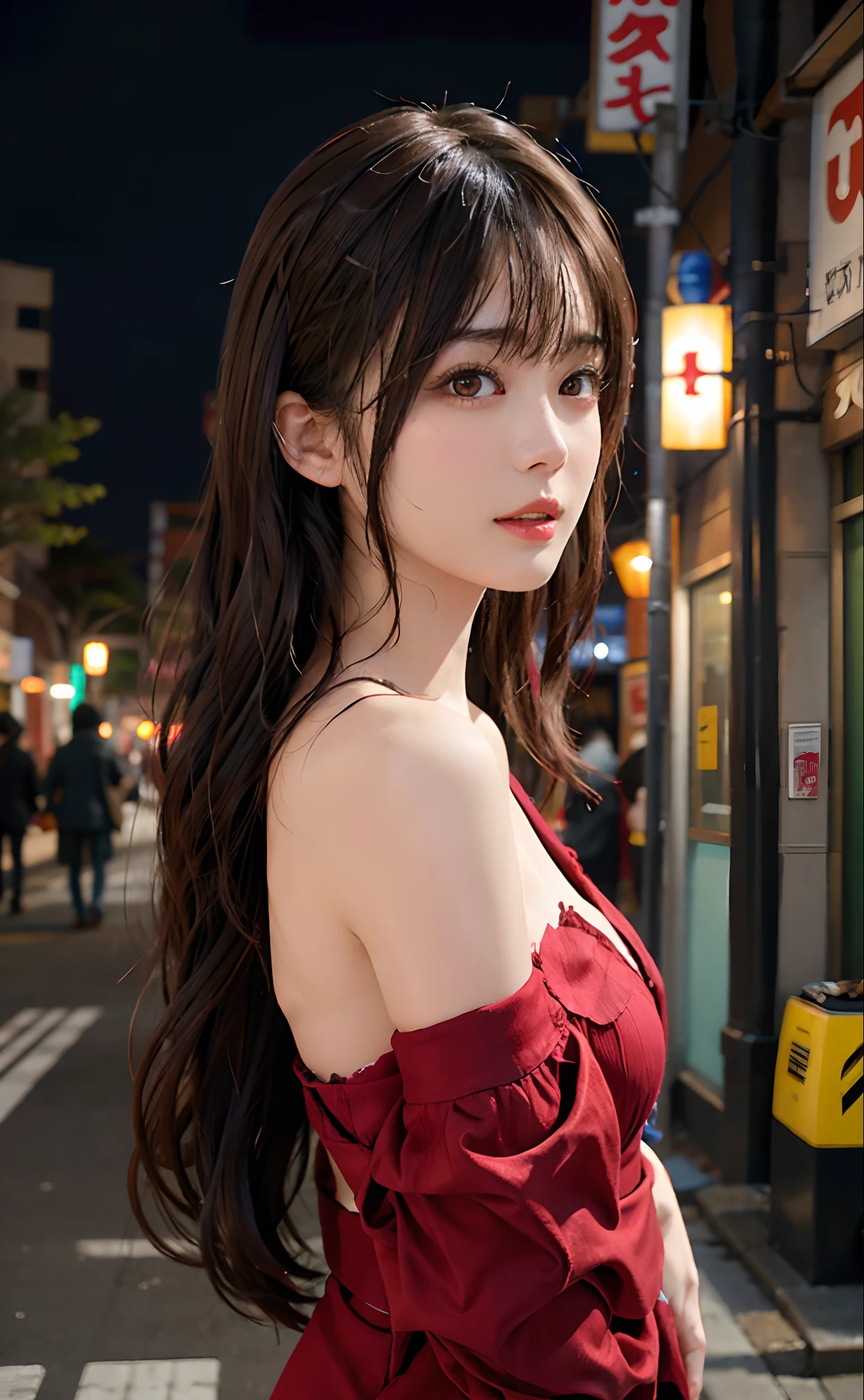 1 девушка, улица Токио,ночь, городской пейзаж,огни города, верхняя часть тела,крупный план, 8К, Необработанное фото, Лучшее качество, шедевр,реалистичный, photo-реалистичный,головной убор из красной розы, разделенная челка, длинные волосы,