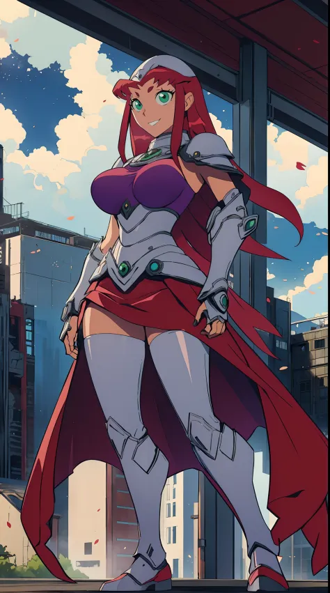 Teen titans, Starfire, anime, masterpiece, 1girl, ((bimbo))), smile face, green eyes, long red hair, , wide hips, thick thigh, big breast, huge ass, shiny skin, purple skirt, purple top, full body, /upscale (icone de um jogo), (icone de peitoral : 1.5), um...