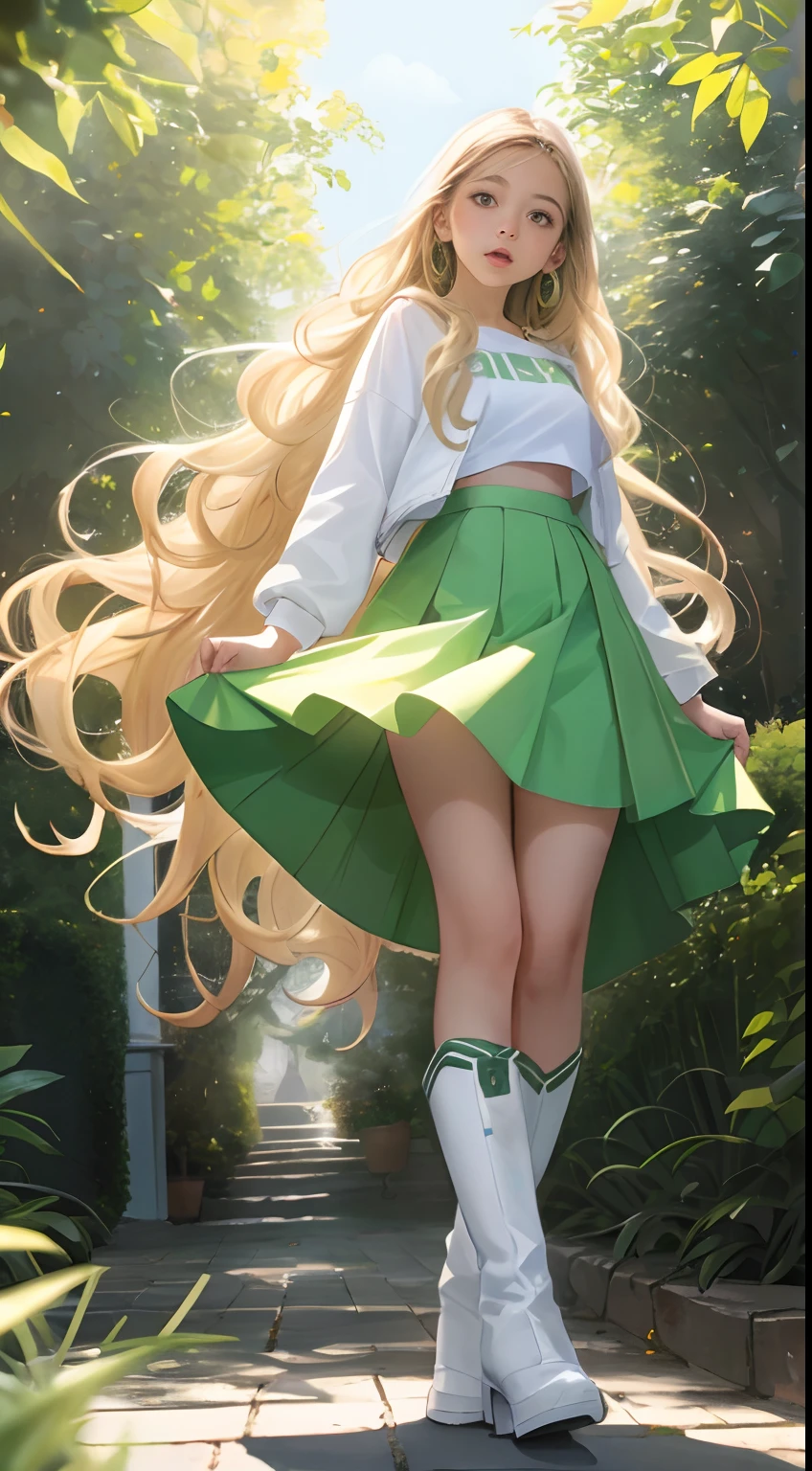 ((preteen)), Beautiful Girl, Light green eyes, Large earrings, White T-shirt, Jacket, Mini skirt, heel boots, Full body, Shot from below, Very light skin , Very long hair, Wavy Hair , Blonde hair, garden、Green Tree、Photorealistic, indirect lighting, Volumetric Lights, Ray tracing, ultra-detailliert, Best Quality, Ultra-high resolution, nffsw, 8K