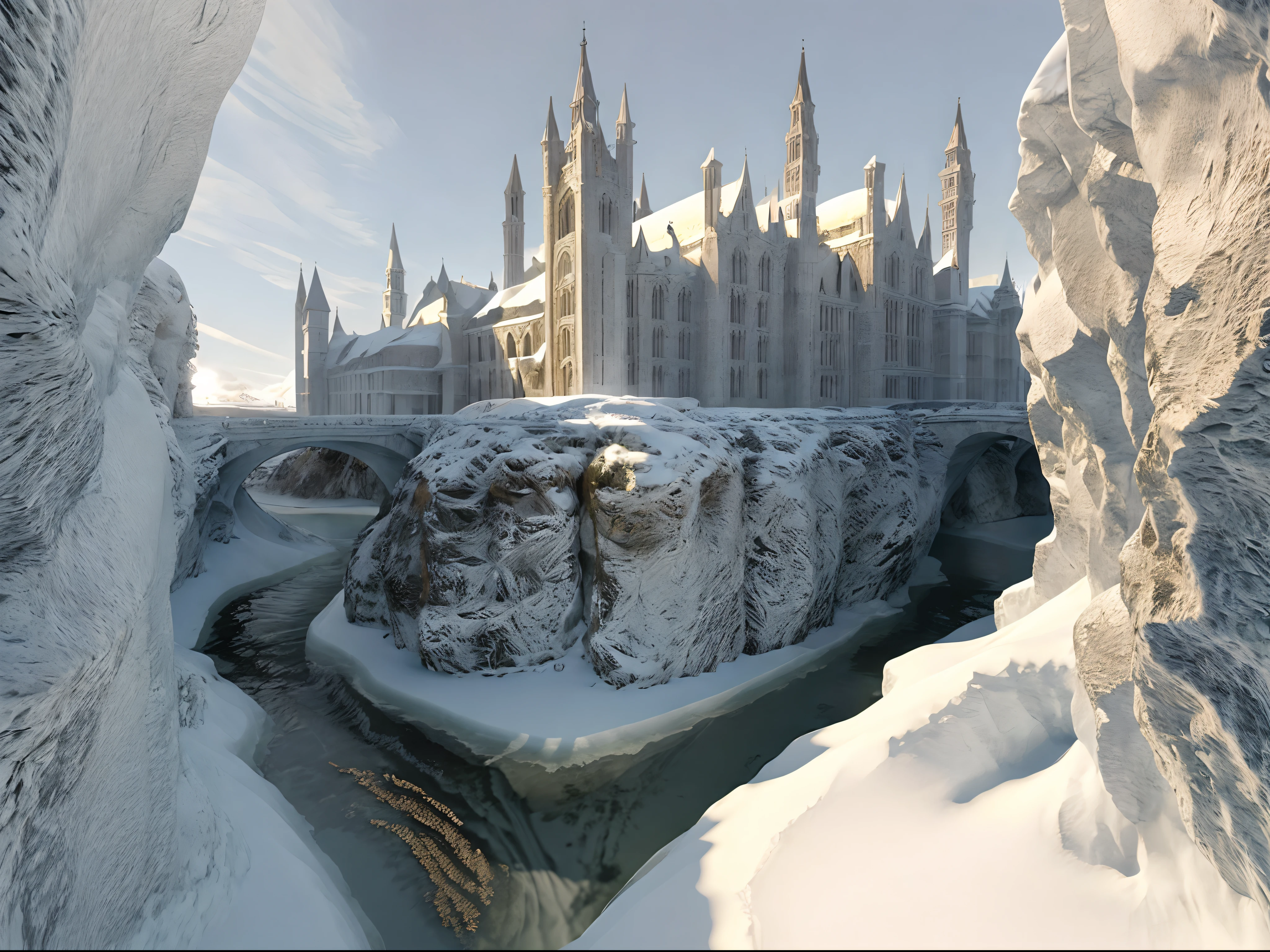 Create a high-quality image of medieval architecture shrouded in ice using advanced AI. Emphasize intricate details and the icy atmosphere. Thank you for your expertise!
