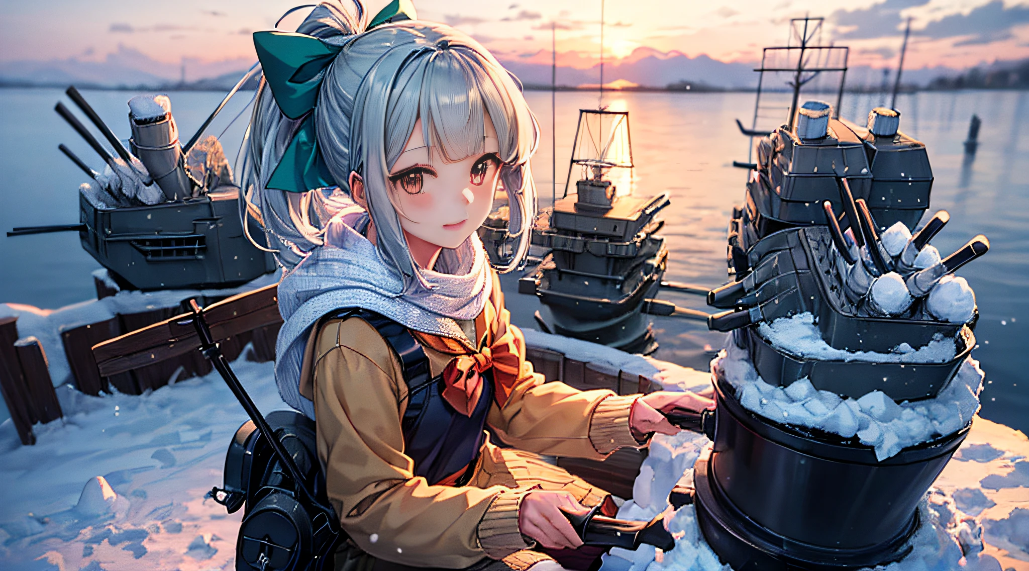 1girl in、独奏、hight resolution、​masterpiece、8K Illustration、anime a girl、Full body、Ponytail, Bangs, Brown eyes, Bow, Hair Bow, Green hair, Grey Hair, (poneyTail、a sailor suit、Knitted scarves、White knitted cardigan、Fluffy short boots）、 anime style 4 k, anime moe art style, Kantai Collection Style, Very beautiful anime girl, Anime 4K, Anime art wallpaper 8k, Background Main、Winter background、Yuki、It's snowing、Snow piles up、Feeling the cold、Chinese style illustration、avatar、Fantasia、detailed digital art、Beautiful、detailed portrait of an anime girl、