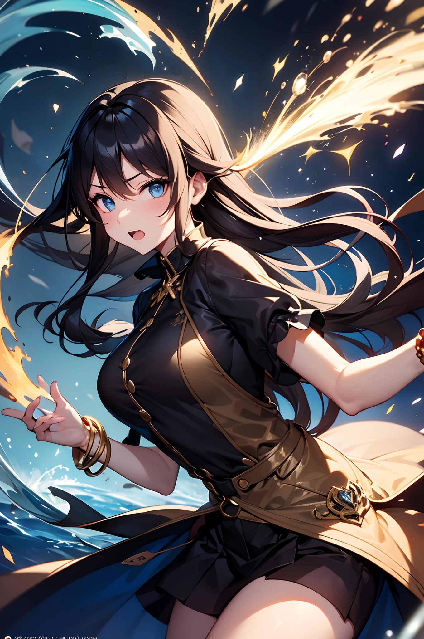 1 woman with long hair, black hair, blue eyes attacks using water in a dynamic pose. determined expression, Golden bracelets, long manteau de magicien noir. fantaisie, magic sparkles, couleurs vives, Masterpiece, best lighting, Best quality, Couverture du livre