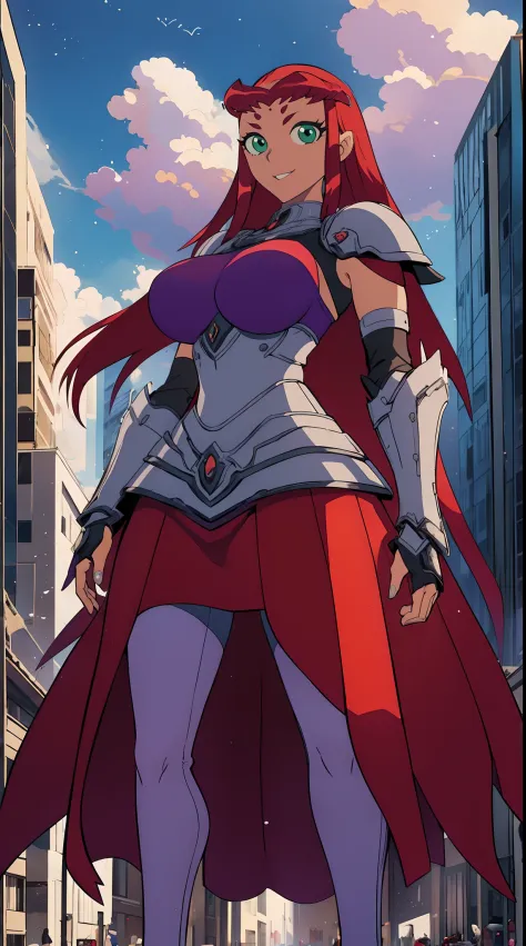 Teen titans, Starfire, anime, masterpiece, 1girl, ((bimbo))), smile face, green eyes, long red hair, , wide hips, thick thigh, big breast, huge ass, shiny skin, purple skirt, purple top, full body, /upscale (icone de um jogo), (icone de peitoral : 1.5), um...