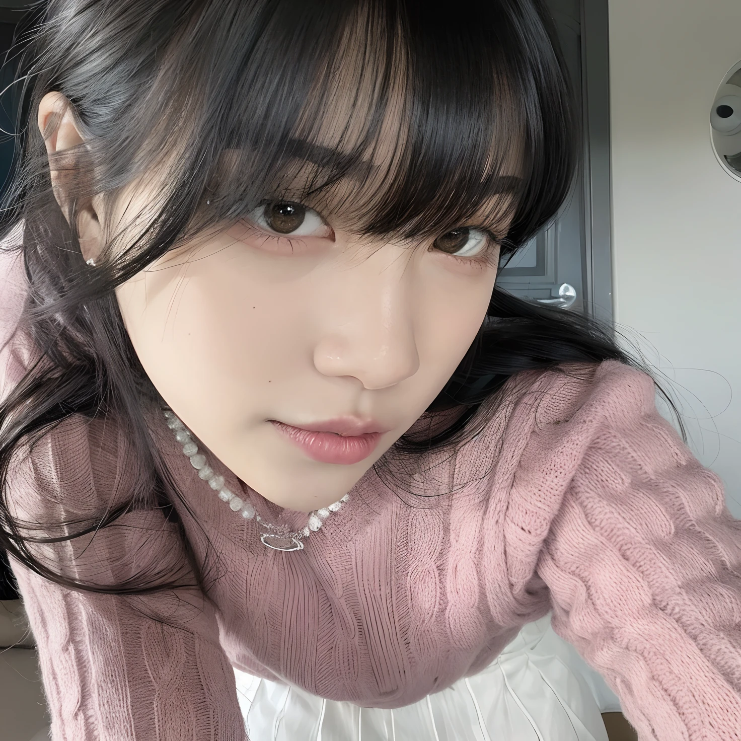 Woman with black hair and a pink sweater posing for a photo, Chiho, com franja, Ela tem cabelo preto com franja, Ulzzang, Sakimichan, Shikami, com franja completa, O corte Hime, Shiori Teshirogi, franja de cortina, Kimi Takemura, franja fofa, Narumi Kakinouchi