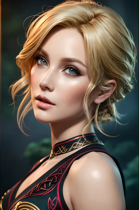 Image of a mythical gorgeous young adult blonde short curly hair sorceress, perfectly cute face, full luscious lips, exquisite b...