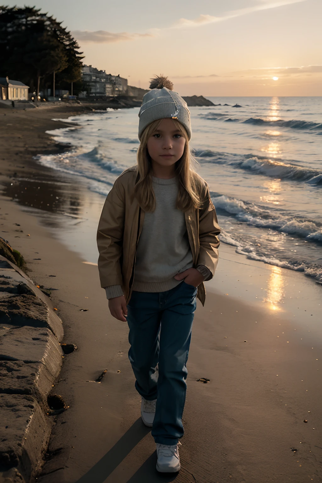 (beste Qualität,realistisch:1.2),  Mädchen, europäisch, Blondes Haar, Am Meer entlang spazieren, Kiesstrand, Sonnenuntergang, Hosen und Jacke tragen, Hut auf dem Kopf, Herbst