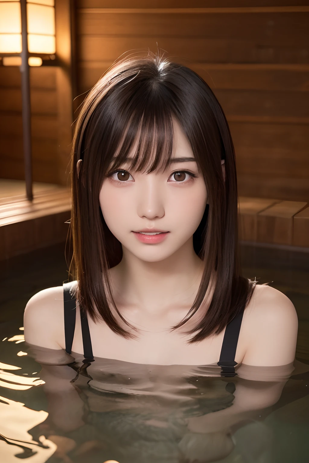 masutepiece, Best quality, 1girl in, (a beauty girl, rpgmaker:1.2), (16 years old:1.2), Very fine eye clarity, (Symmetrical eyes:1.3), NSFW, (Onsen, , Cover the body with steam:1.3), Beautiful breasts, Brown eyes, Parted bangs, Brown hair, Top Teeth