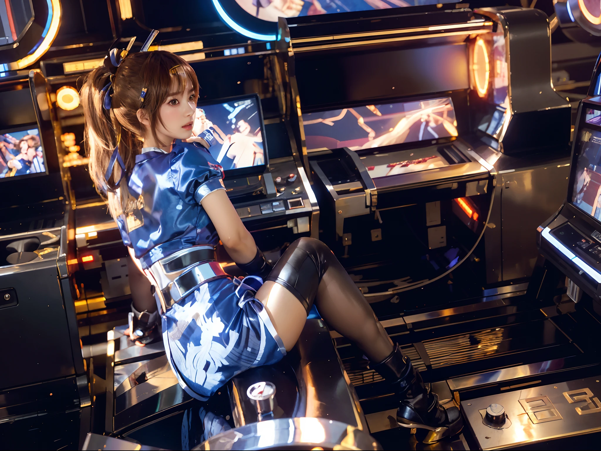 1girl, KasumiDOA, solo, analog technology, mechanical delay, sitting，look back，play arcade game, arcade ，masterpiece, best quality, high quality, extremely detailed，anatomy correct