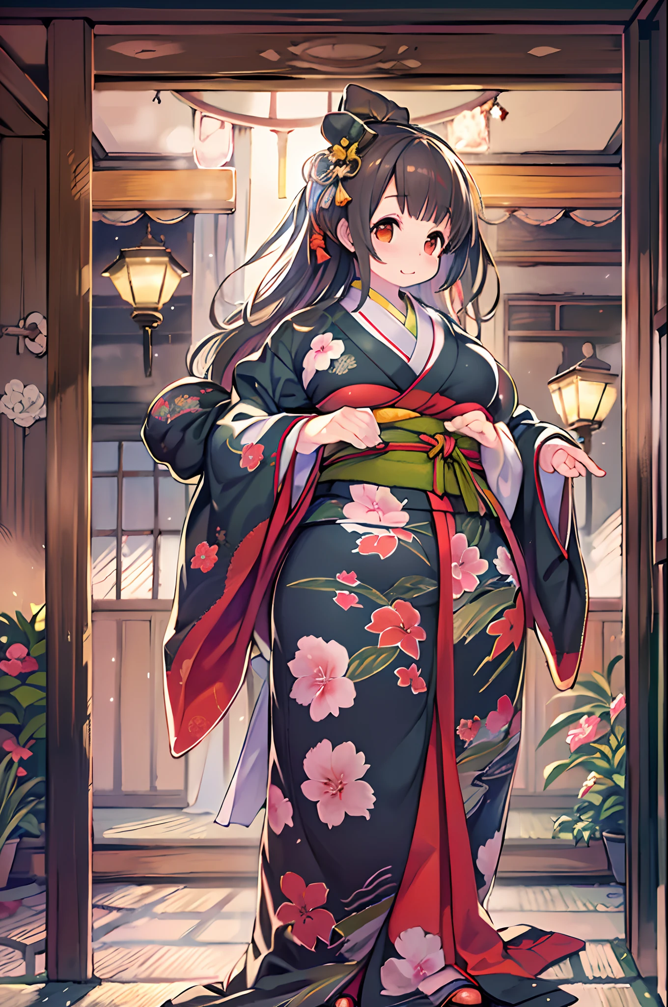 (8K, Best Quality, masutepiece, Ultra high definition: 1.2),Kimono,traditional Japanese room,Hakama,fullllbody、huge-breasted、bbw、BBW、Anime style