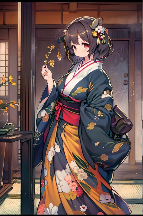 (8k, best quality, masutepiece, ultra high definition: 1.2),kimono,traditional japanese room,hakama,fullllbody、huge-breasted、bbw...