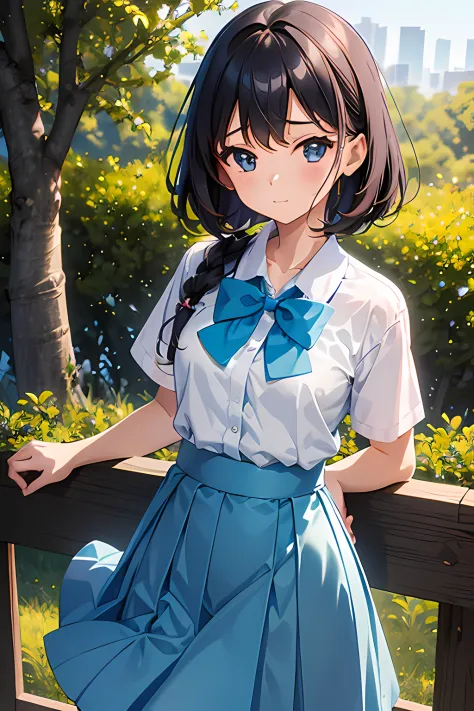 girl, student, age 15, wearing uniform, light blue skirt, long skirt, small bow, tiny bow, park, nature, nature park, anime, ani...