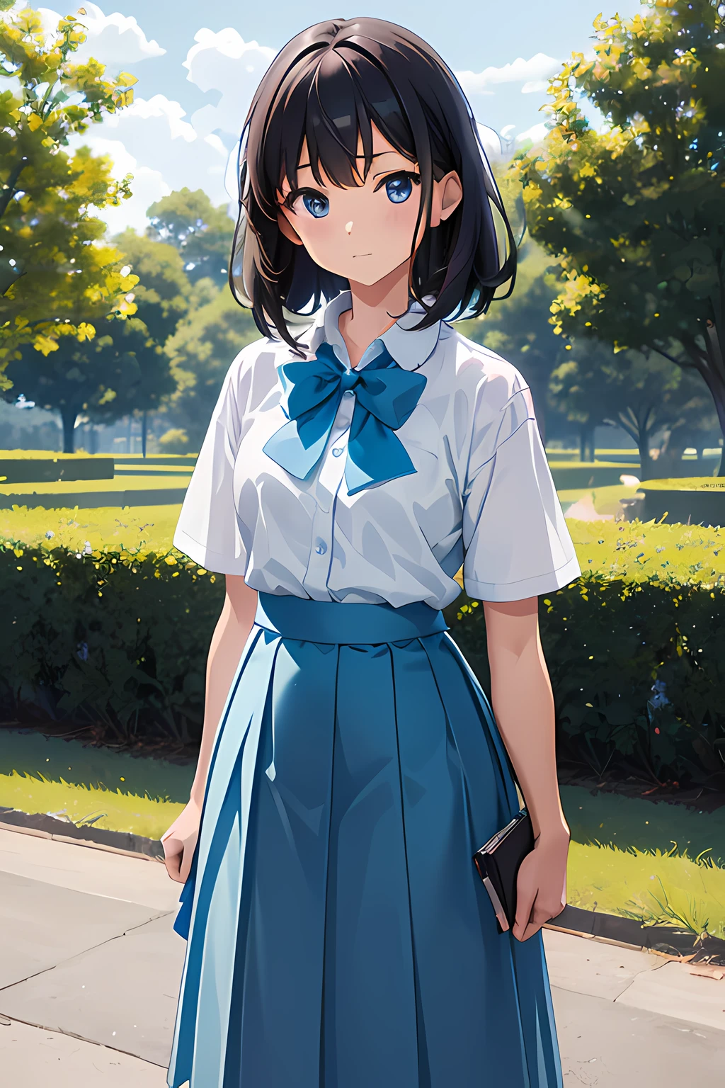 fille, étudiant, 15 ans, Porter un uniforme, Jupe bleu clair, Jupe longue, petit arc, petit noeud, parc, nature, nature parc, animé, animé movie