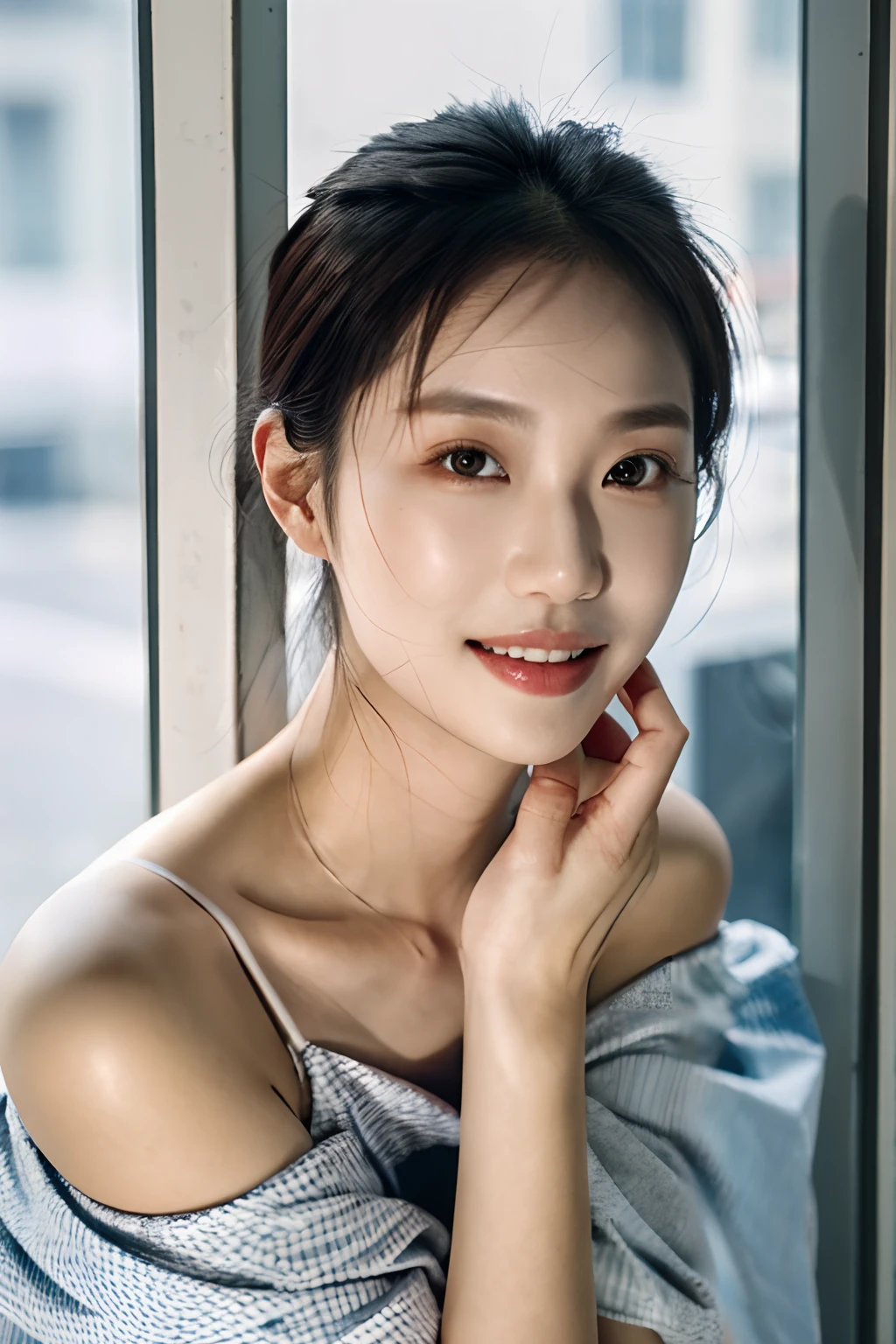 1girl, idol, close-up, collarbone, photo, film, hand on own face, depth of field, smile, model, window, looking at viewer, real life, off shoulder, teeth,