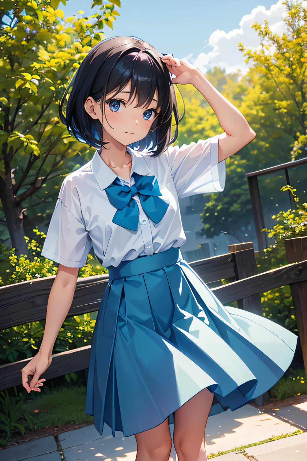 girl, student, age 15, wearing uniform, light blue skirt, long skirt, small bow, tiny bow, park, nature, nature park, anime, anime movie