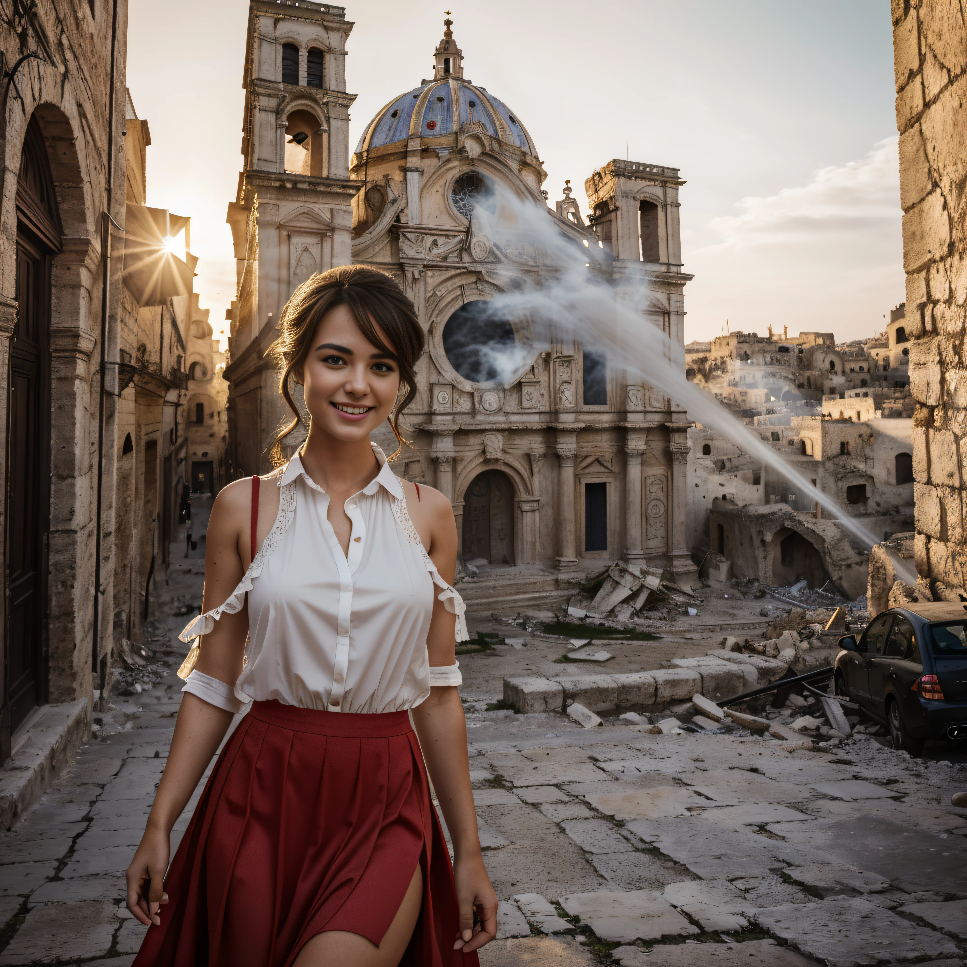 Girl wears a torn long red skirt, wears a torn long red dress, wind moves skirt. European girl. ((extreme detail)), (ultra-detailed), best quality, ultra high res, (8k, RAW photo, masterpiece, realistic, photorealistic:1.4), 8k uhd, dslr, absurdres, ray tracing, high quality texture, intricate details, detailed texture, finely detailed. Portrait photo of a girl. Beautiful perfect face. She smiles looking at viewer. Smooth white skin, real pores, (looking at the viewer). She's in Matera. Outdoor in Sassi of Matera. Matera's Cathedral in background. All around signs of destruction, broken walls, collapsed buildings, (smoke, fire, fog), best quality, fine details, {{masterpiece, best quality, extremely detailed CG, unity 8k wallpaper, cinematic lighting, lens flare}}.