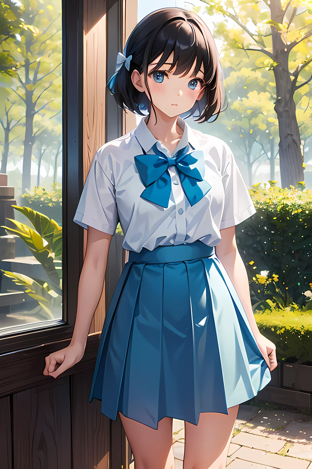 girl, student, age 15, wearing uniform, light blue skirt, long skirt, small bow, tiny bow, park, nature, nature park, anime, anime movie