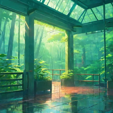 forest rainy day, indoor view