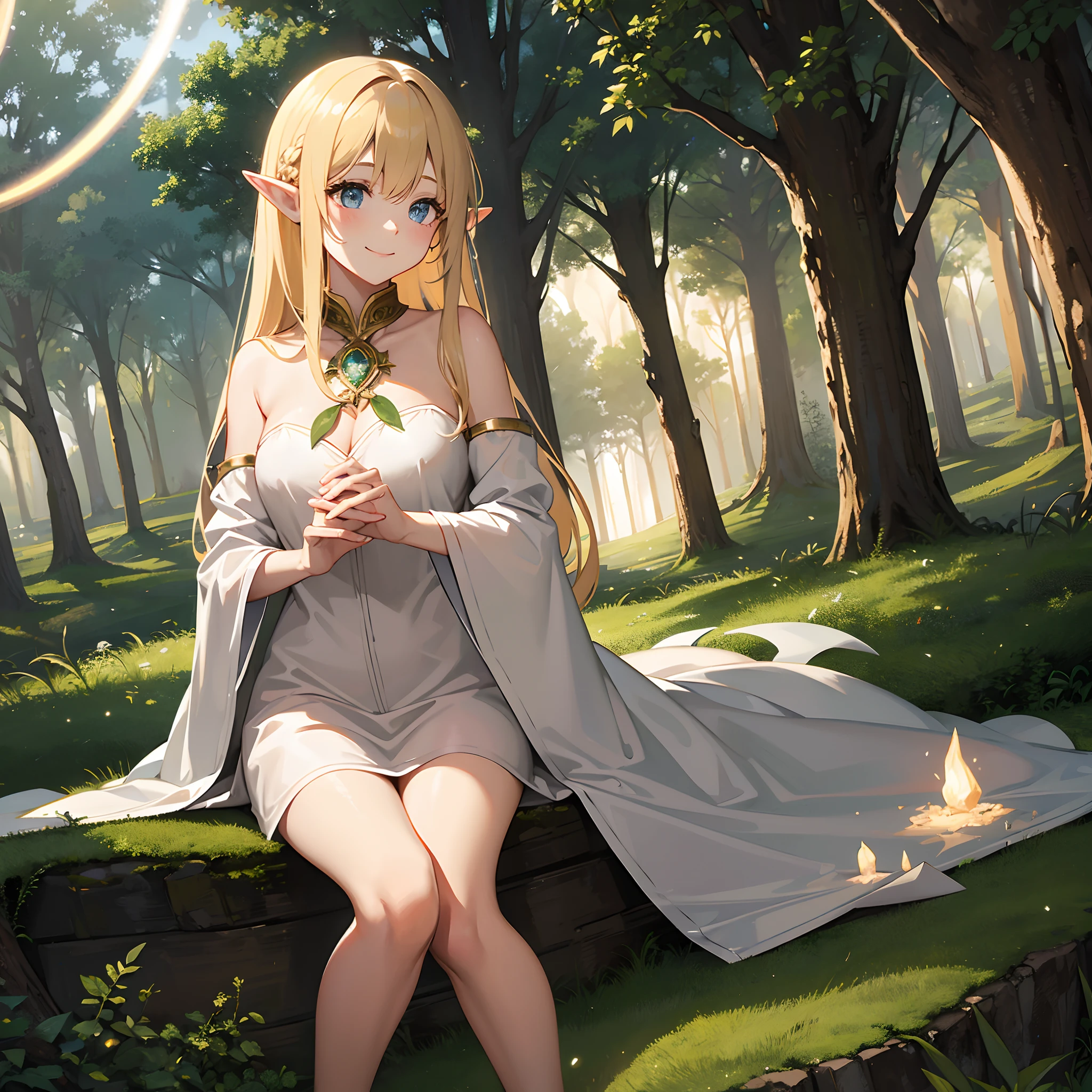 森林里的神秘光芒、　奇妙的　神秘　温和的　　美丽的精灵　魔法　午夜　暖光　一个微笑　屏幕上的一个人　白色礼服　一个金发女郎　蒂拉