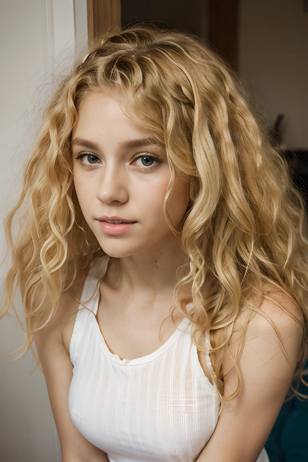 There is a young girl with curly hair and a white tank top, Coiling hair, long fluffy blonde curly hair, long fluffy curly blonde hair, very, very curly blonde hair, Disheveled blonde hair, blond curly hair, curly blonde hair | D & D, floting hair, Disheveled curly hair, Short curly-haired blonde girl, curly blond hair, Curly blonde