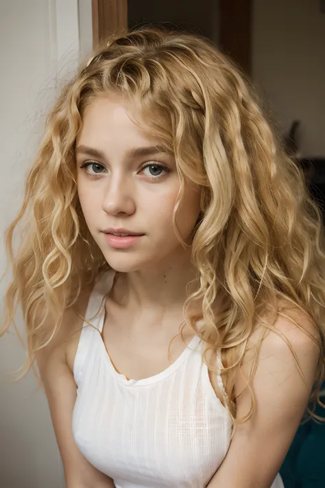 There is a young girl with curly hair and a white tank top, Coiling hair, long fluffy blonde curly hair, long fluffy curly blonde hair, very, very curly blonde hair, Disheveled blonde hair, blond curly hair, curly blonde hair | D & D, floting hair, Disheve...