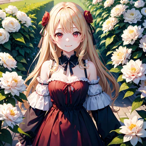 1 Wavy blonde girl、red eyes、off shoulders、Surrounded by flowers、a smile