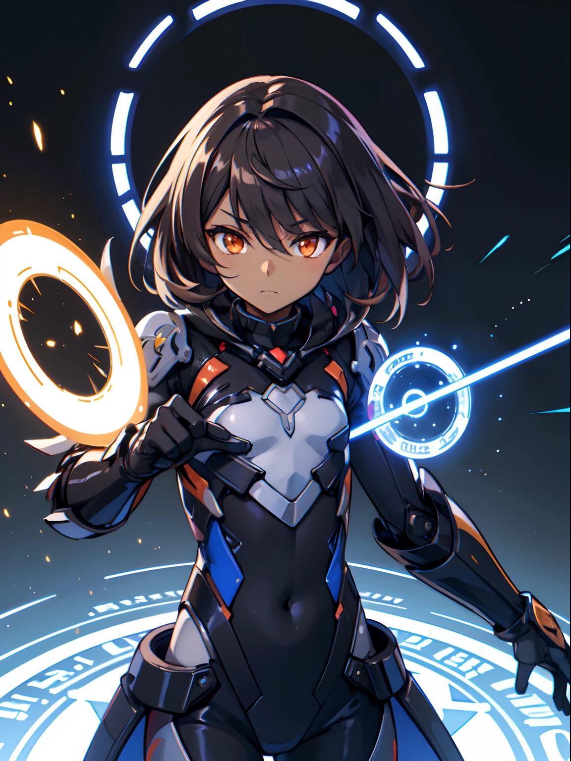 Meisterwerk, highres, Honkai Impact 3, herrscher sirin, dunkle Haut, Mittellanges Haar, dunkelbraunes Haar, Shota, (FLACHE BRUST), orangefarbene Augen, lange schwarz-blaue Magical Girl Exosuit Kleidung, Body, langer schwarzer Trenchcoat, schwarzer Mecha-Rüstungsaufsatz, lila Energie, magischer Kreis, schließen