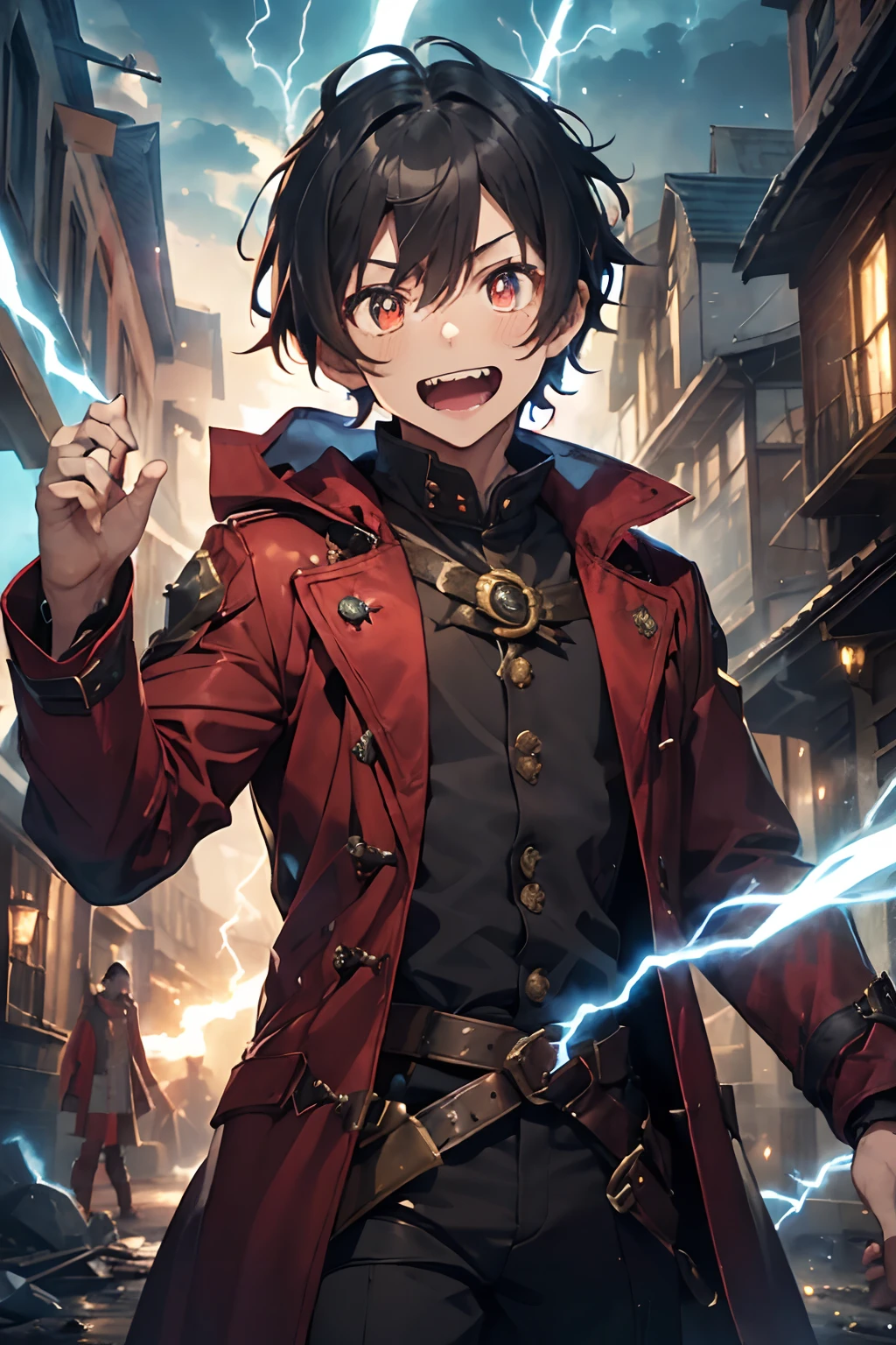 ((One young sorcerer around 14 years old)),((with blue lightning around him)), black hair, brown pupils, messy short hair, male look, messy look,((fantasy poor brown sorcerer outfit, red coat)), (maniacal laugh), snapping fingers