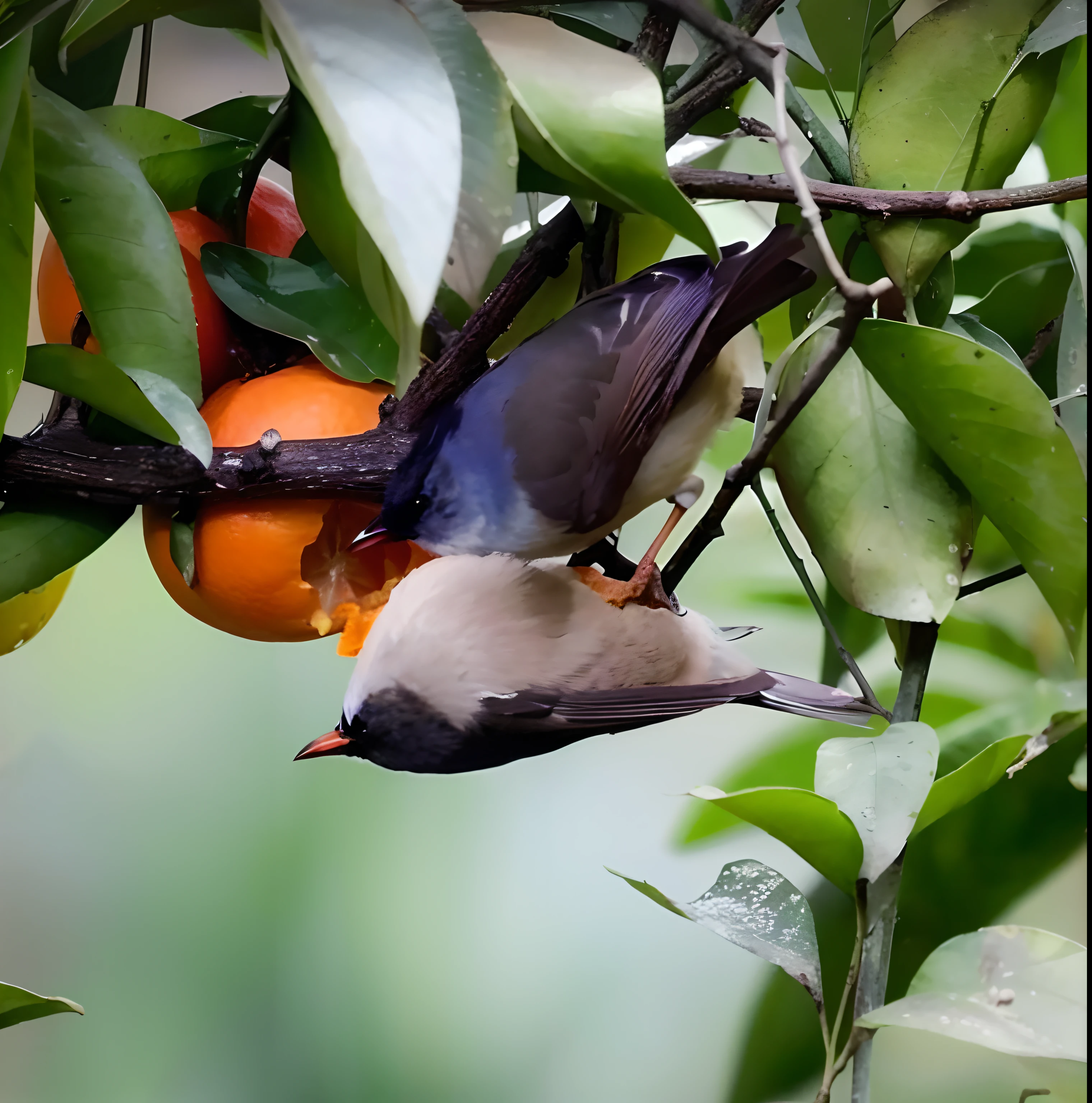 There is a bird that is eating an orange on the tree - SeaArt AI