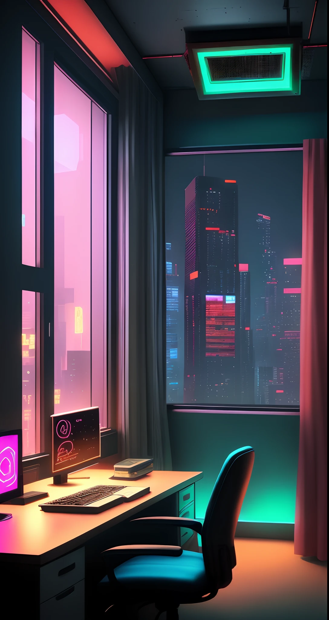 small chamber　Cyberpunk tall building and neon lights outside the window　Computer on desk