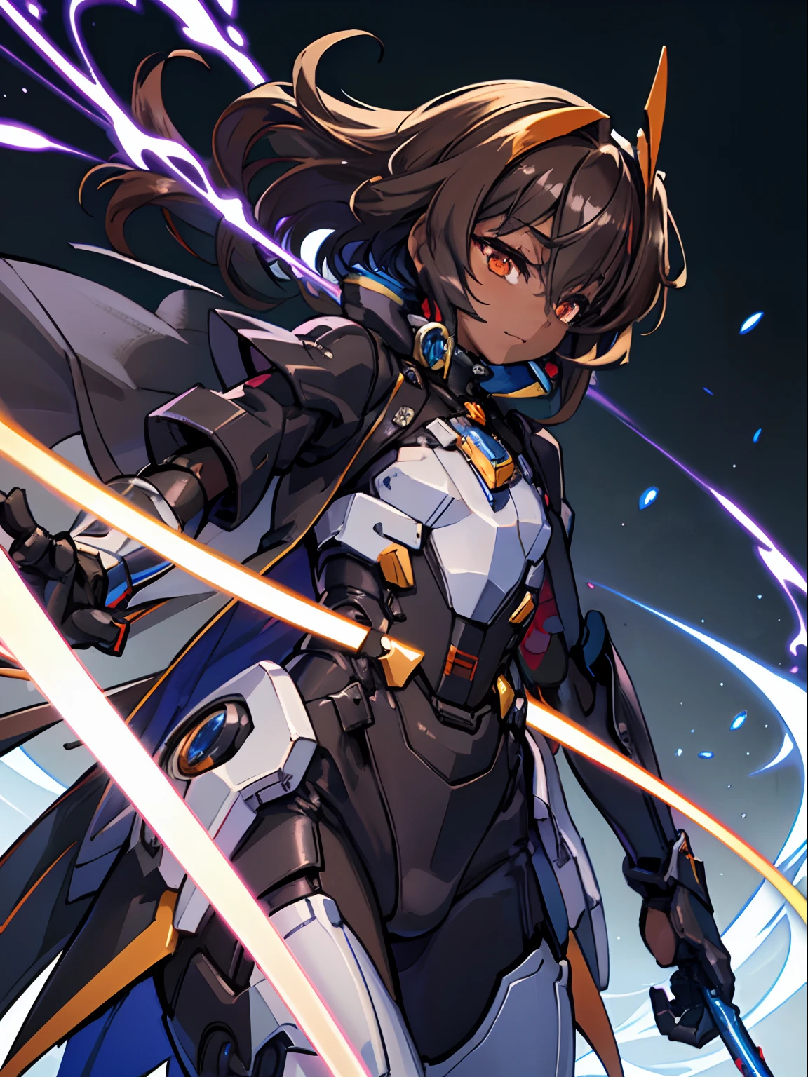 Meisterwerk, highres, Honkai Impact 3, herrscher sirin, dunkle Haut, Mittellanges Haar, dunkelbraunes Haar, Shota, (FLACHE BRUST), orangefarbene Augen, lange schwarz-blaue Magical Girl Exosuit Kleidung, Body, langer schwarzer Trenchcoat, schwarzer Mecha-Rüstungsaufsatz, lila Energie, magischer Kreis, Nahaufnahme, dramatische Aufnahme, Schwingt ein schwarzes Mecha-Schwert,